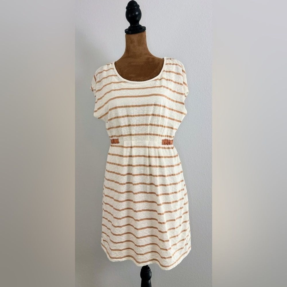 Earth Music & Ecology‎ Striped Dress M Cream Brown Elastic Waist